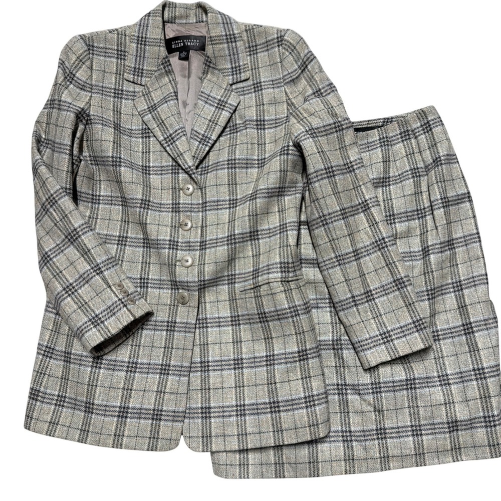 Linda Allard Ellen Tracy Skirt Suit Women 8 Jacket 12 Skirt Plaid Wool Blazer